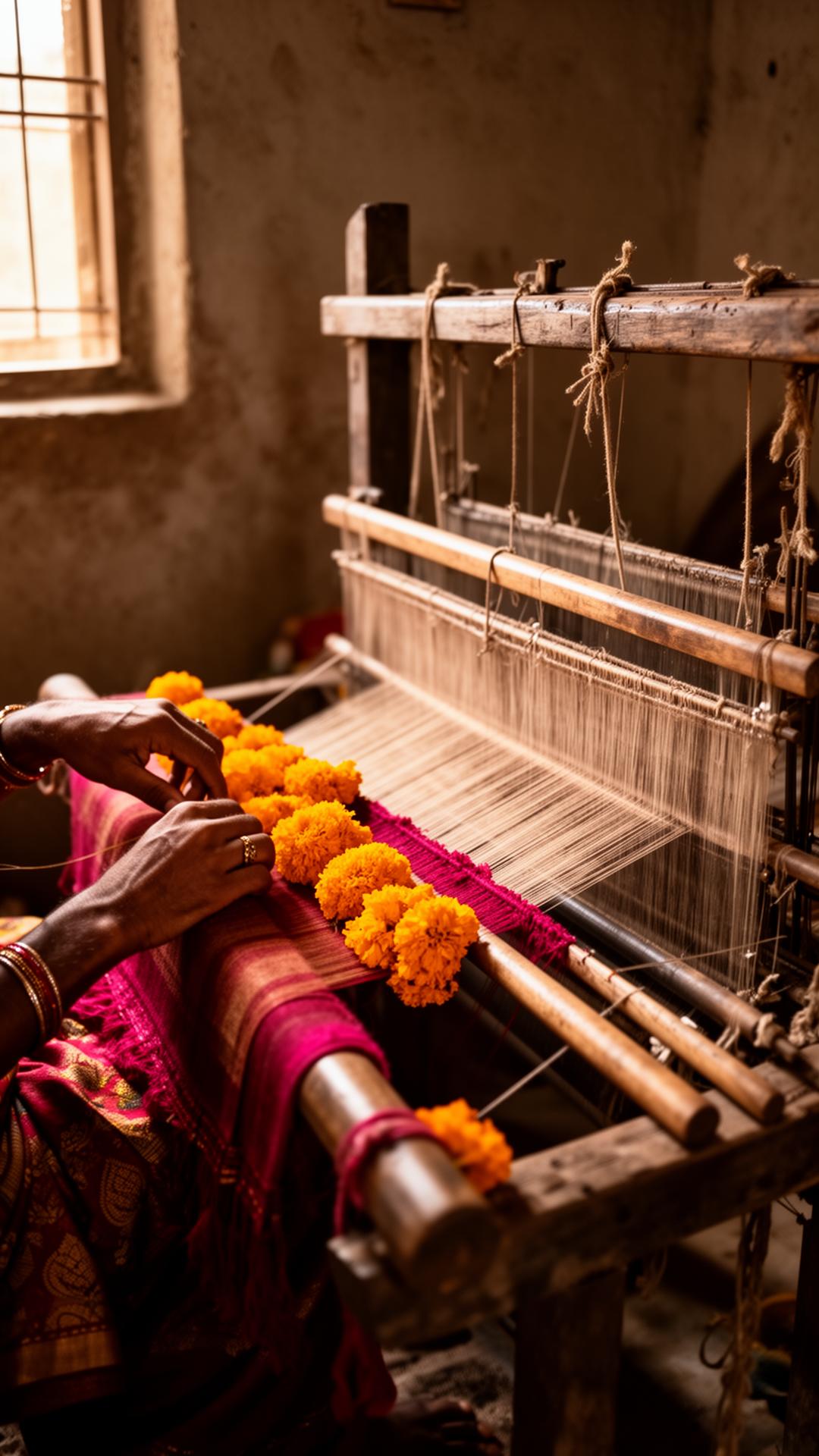 Artisan hands weaving on a traditional handloom